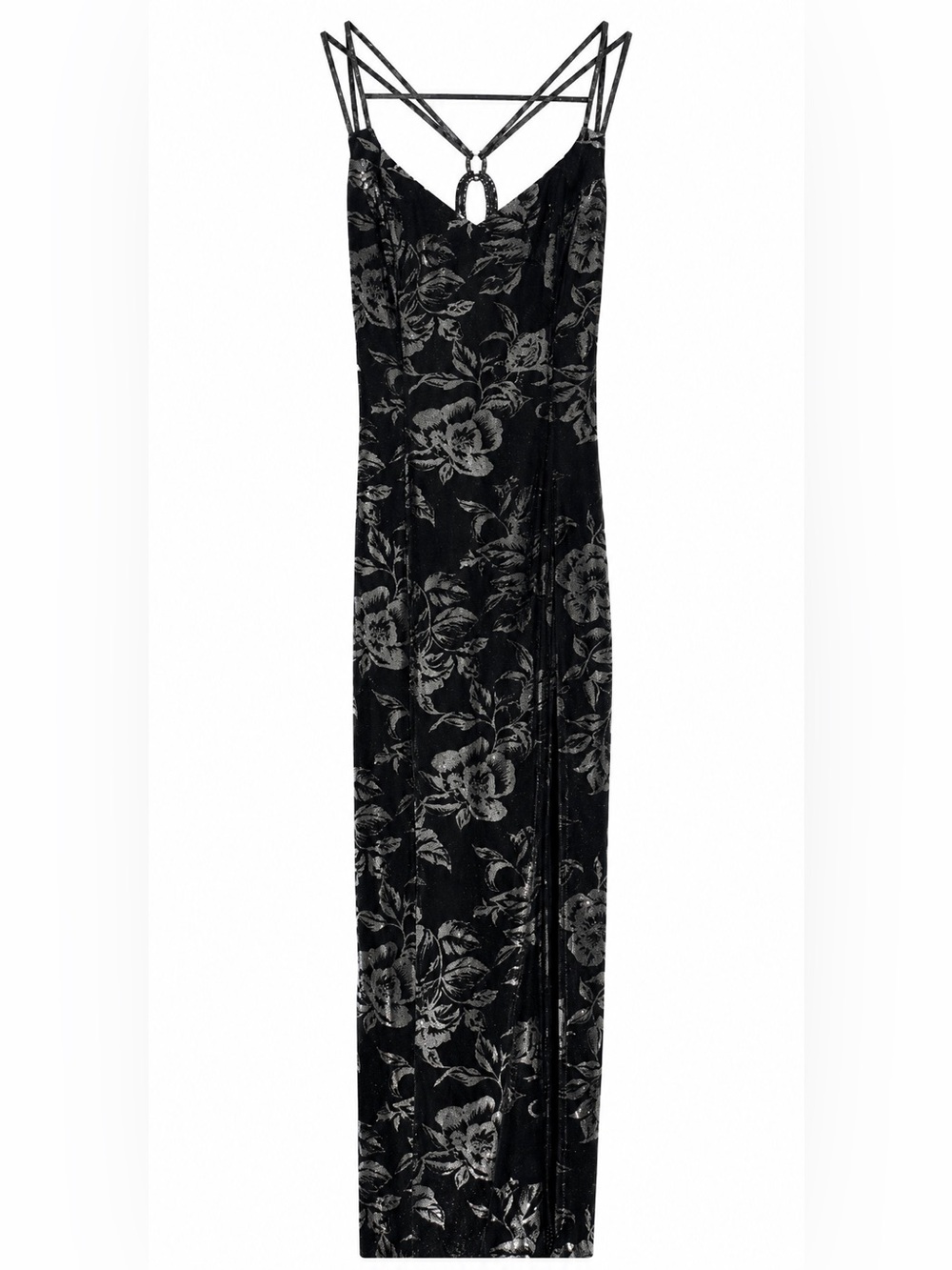 Vintage A. GLO Black & Silver Metallic Floral Strappy Midi Dress Size 3/4